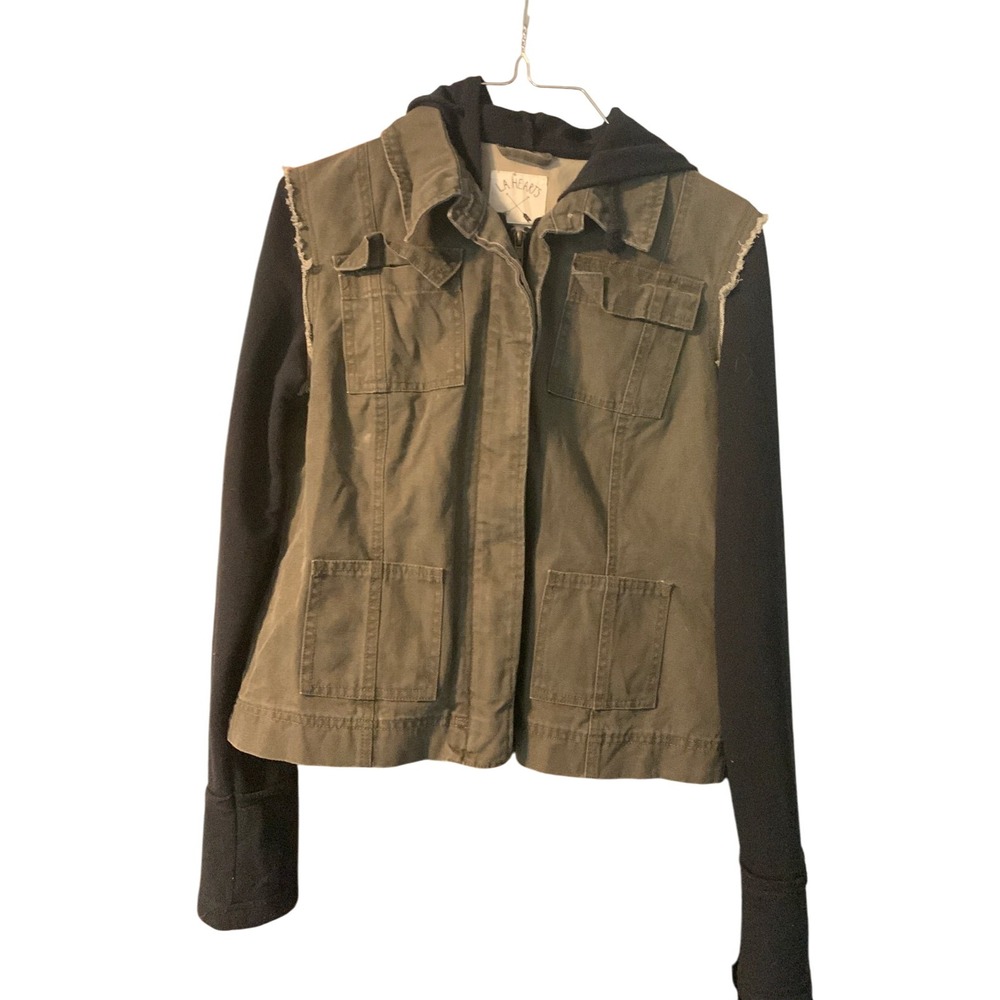 LA Hearts Olive Green Hooded Utility Vest Black Sleeve Jacket‎ - M